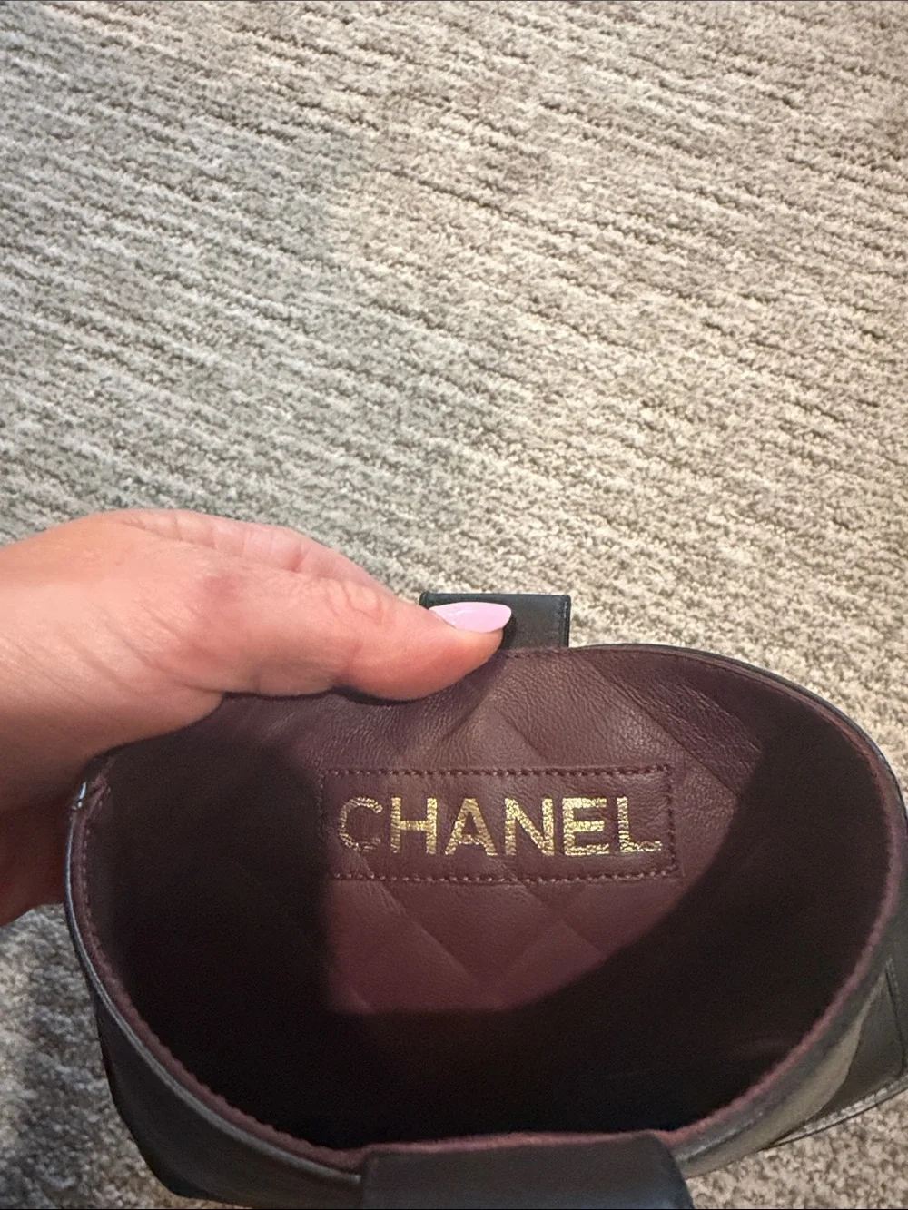 CHANEL Black Leather Mid-Calf Boots with Gold Logo